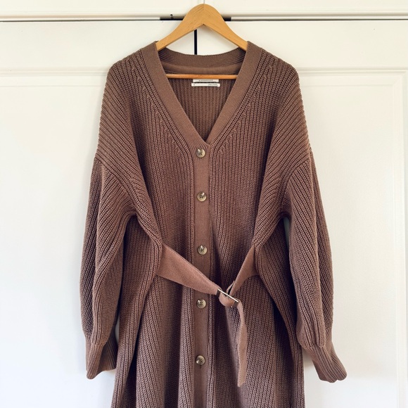 By Anthropologie Long-Sleeve Belted Cardigan Sweater Midi Dress Tan Knit XL - Picture 4 of 8